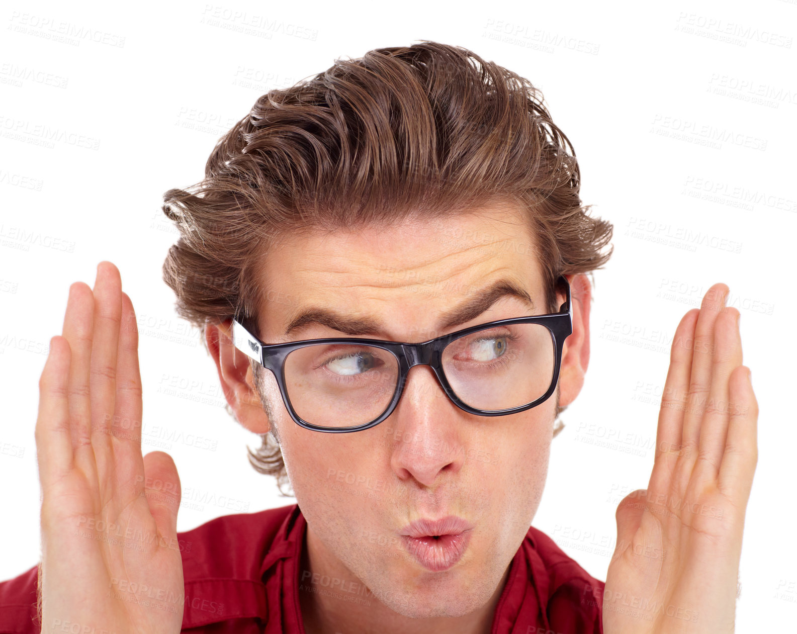 Buy stock photo Young man wearing glasses gesturing with his hands held next to his face