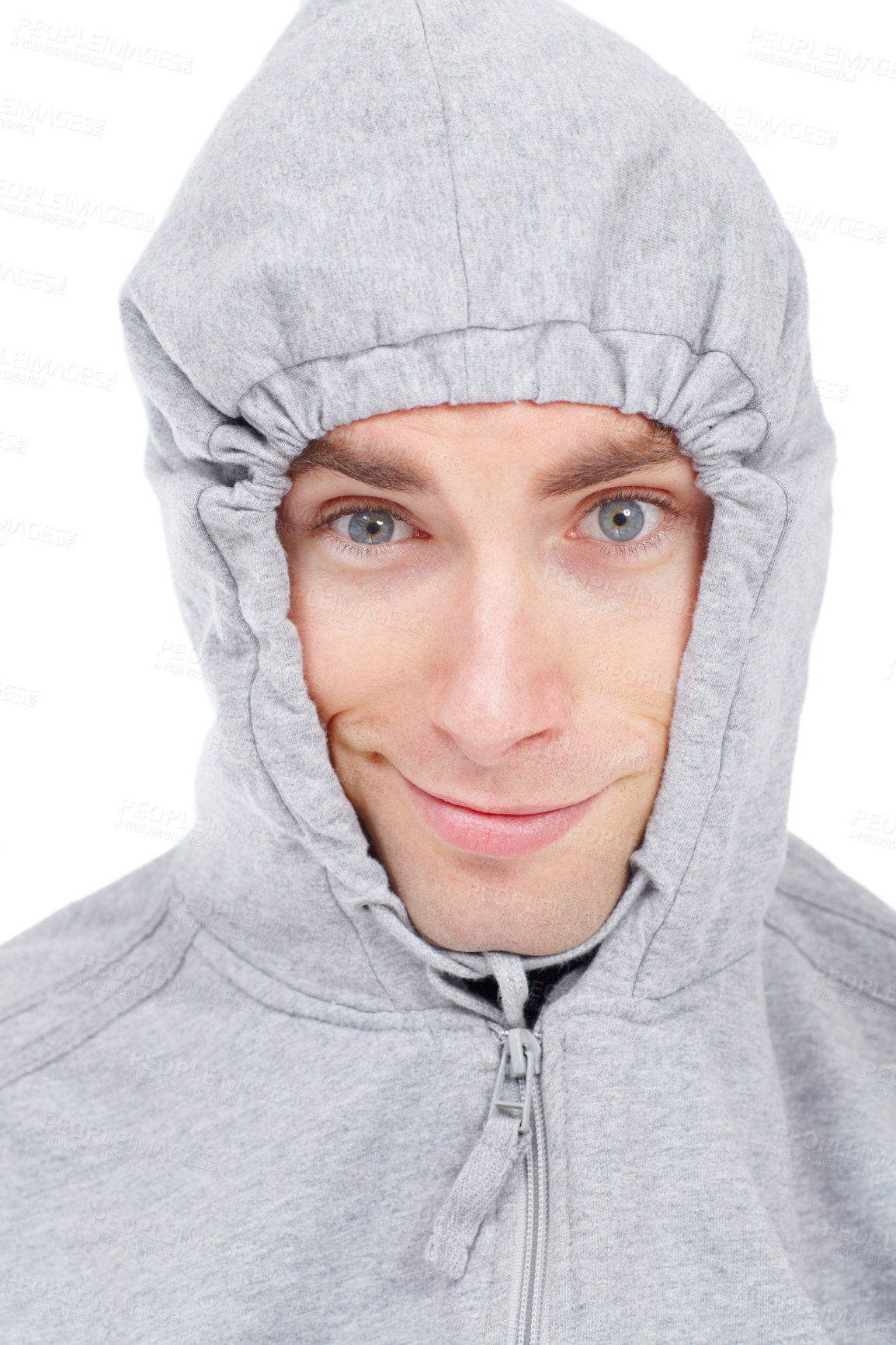 Buy stock photo Portrait, smile and a young man in a hoodie, isolated on a white background in studio for fitness or wellness. Face, training and workout with a happy athlete looking confident in sports clothes