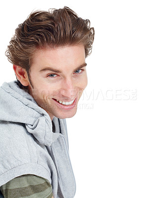 Buy stock photo Happy, smile and mockup with portrait of man in studio for confidence, pride and cool. Youth, natural and positive with face of male model isolated on white background for carefree, cheerful and joy