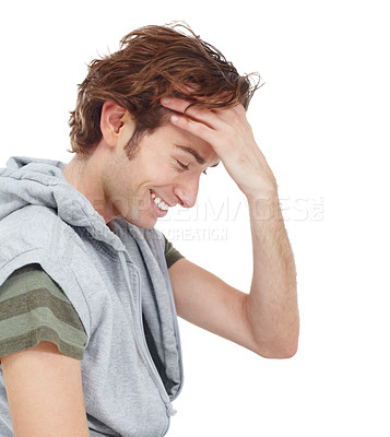 Buy stock photo Happy young man laughing while holding his forehead - profile