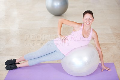 Buy stock photo Portrait, smile and woman with ball, stretching and activity with wellness, self care and healthy body. Face, person and girl with equipment, fitness and workout with mobility, happiness and fitness
