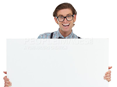 Buy stock photo Portrait, excited and man with poster for mockup in studio isolated on a white background. Board, glasses and funny male person or nerd with copy space for advertising, marketing or promotion banner