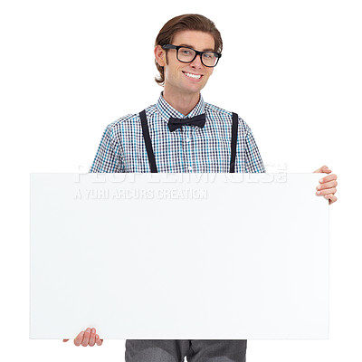 Buy stock photo Portrait, smile and man with board for mockup in studio isolated on a white background. Poster, glasses and happy, funny person or nerd with copy space for advertising, marketing or promotion banner.