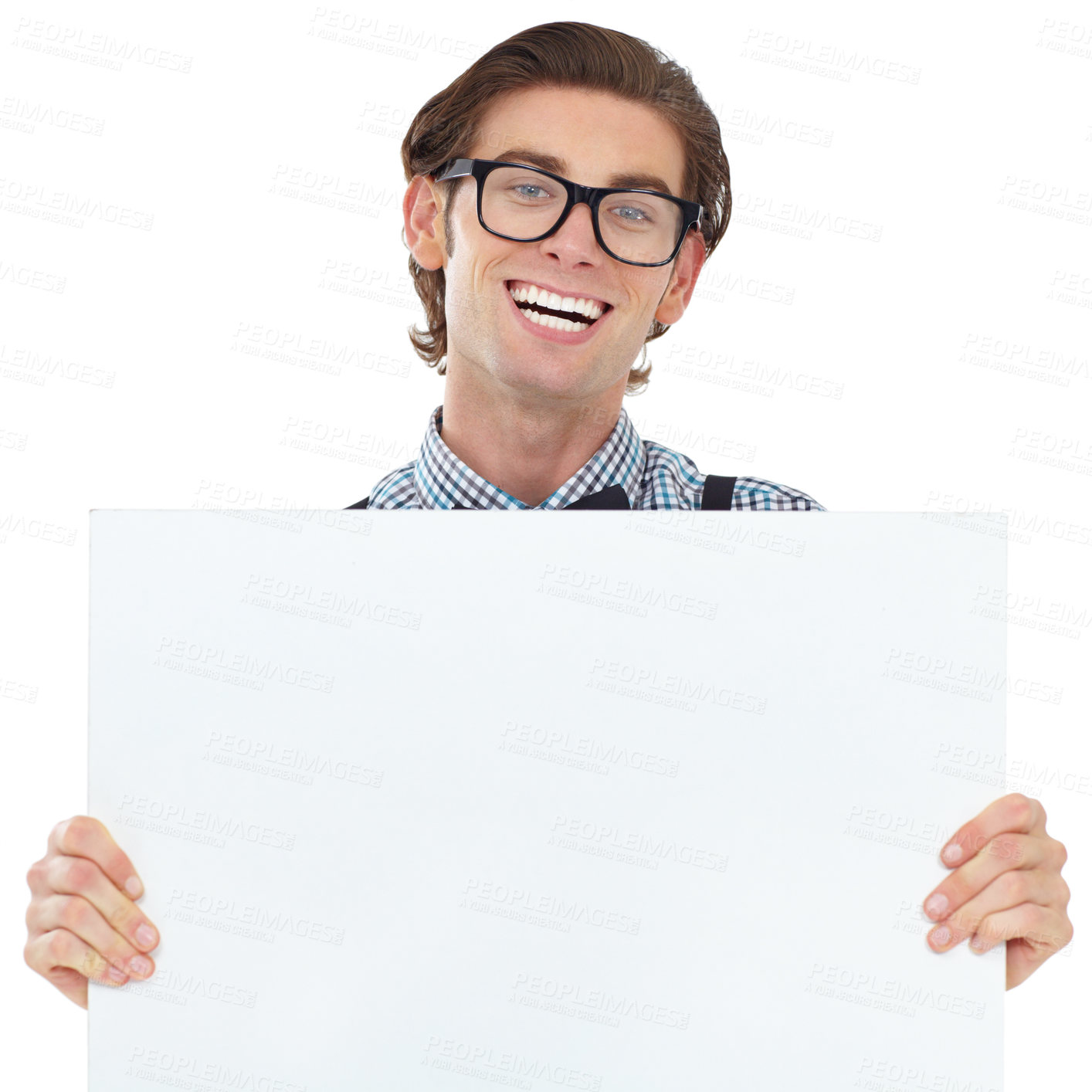 Buy stock photo Happiness, portrait and man with poster for mockup in studio isolated on white background. Board, glasses and funny male person or nerd with copy space for advertising, marketing or promotion banner,