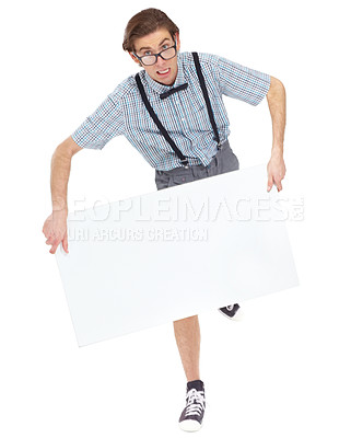 Buy stock photo Falling, portrait and man with poster for mockup in studio isolated on white background. Board, glasses and funny male person, geek or IT nerd with advertising, marketing or copy space for insurance.