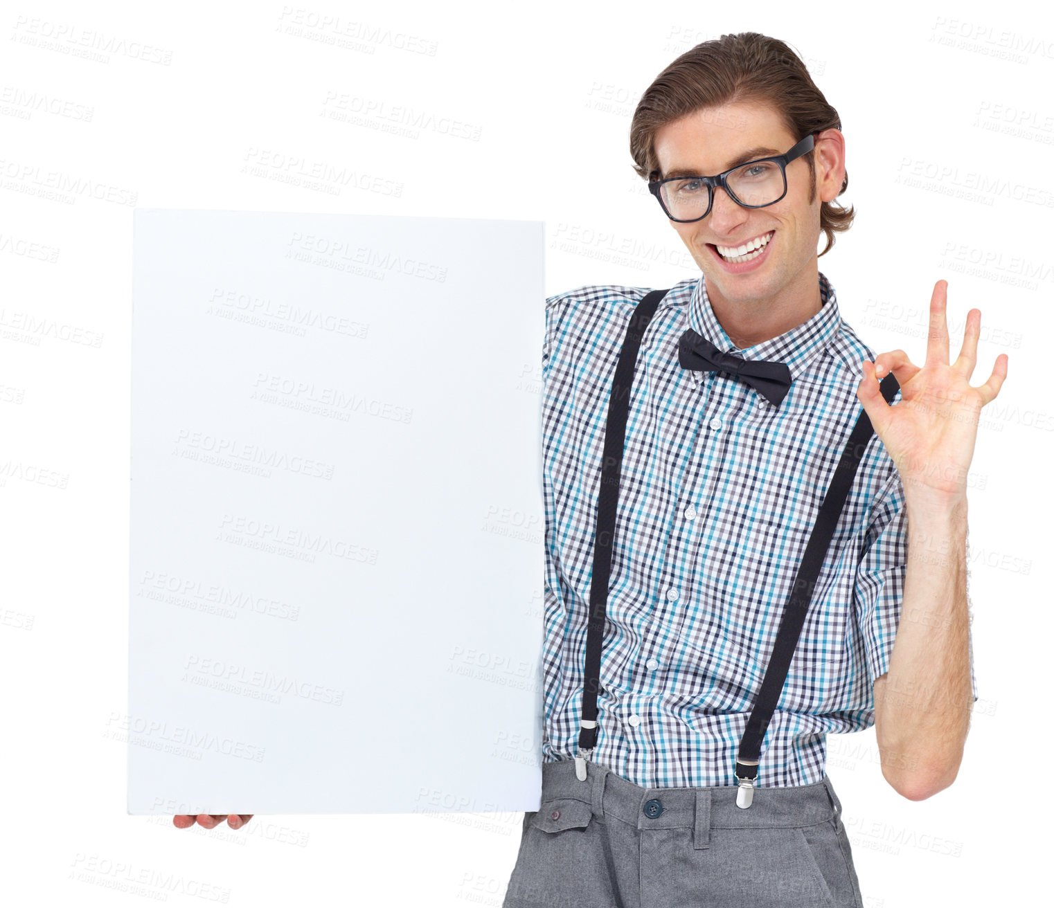 Buy stock photo Ok sign, portrait and man with poster for mockup in studio isolated on a white background. Board, okay hand gesture and male person, geek or nerd with smile for copy space, advertising and glasses.