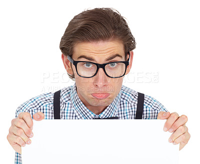 Buy stock photo Sad, portrait and man with poster for mockup in studio isolated on a white background. Board, depressed and male person, nerd or geek with copy space for advertising, marketing and promotion banner.