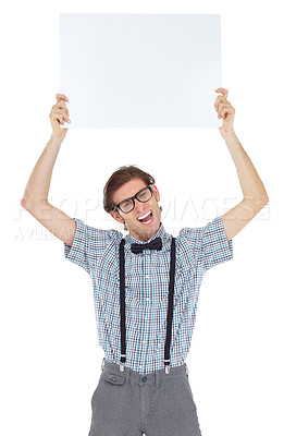 Buy stock photo Excited, portrait and man with board for mockup in studio isolated on a white background. Poster, funny and male person, nerd or geek with copy space for advertising, marketing and promotion banner.