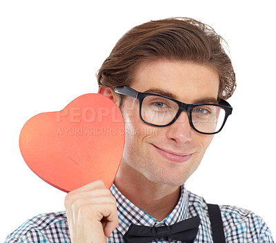 Buy stock photo Portrait of man, smile and holding heart emoji for love, romance and valentines day isolated on white background. Romantic, happy geek and valentine shape surprise with glasses and bow tie in studio.