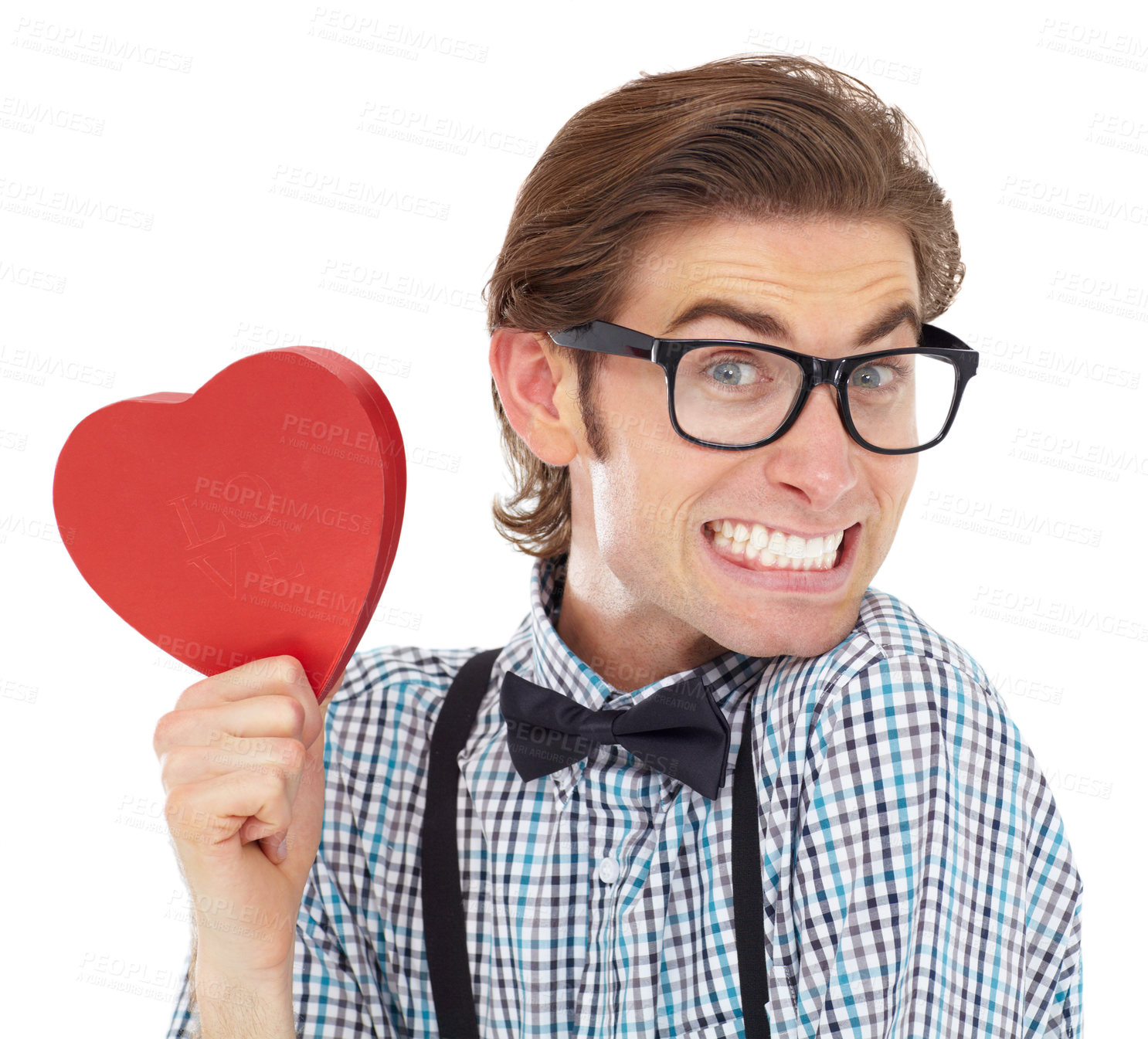 Buy stock photo Portrait of man, excited and holding heart emoji for love, romance and valentines day isolated on white background. Smile, happy geek and valentine shape surprise with glasses and bow tie in studio.