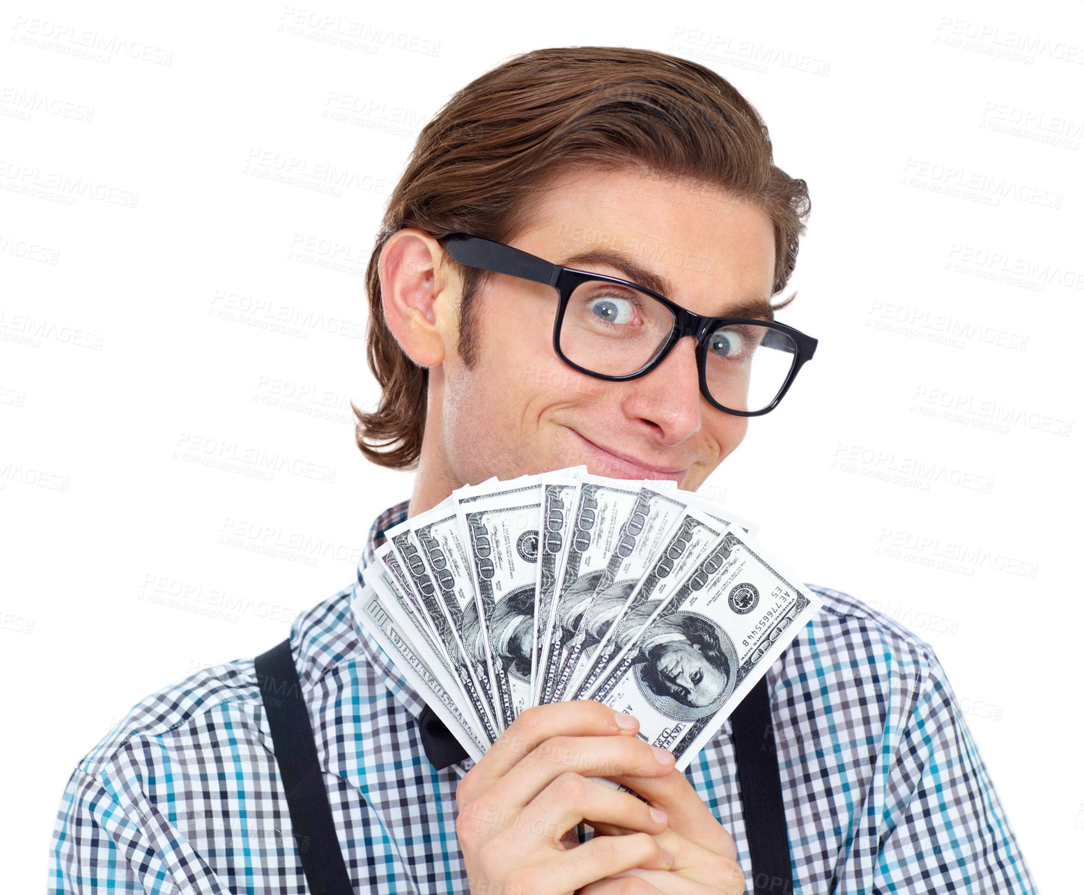 Buy stock photo Shot of a young man showing off his money