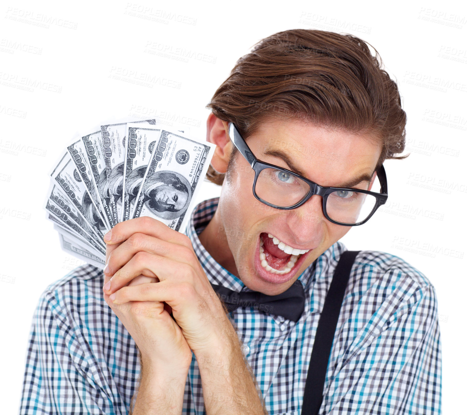 Buy stock photo Portrait, money and excited man with dollars in studio isolated on a white background. Winner, cash and funny male person, nerd or geek screaming after lottery, financial freedom or bonus prize.