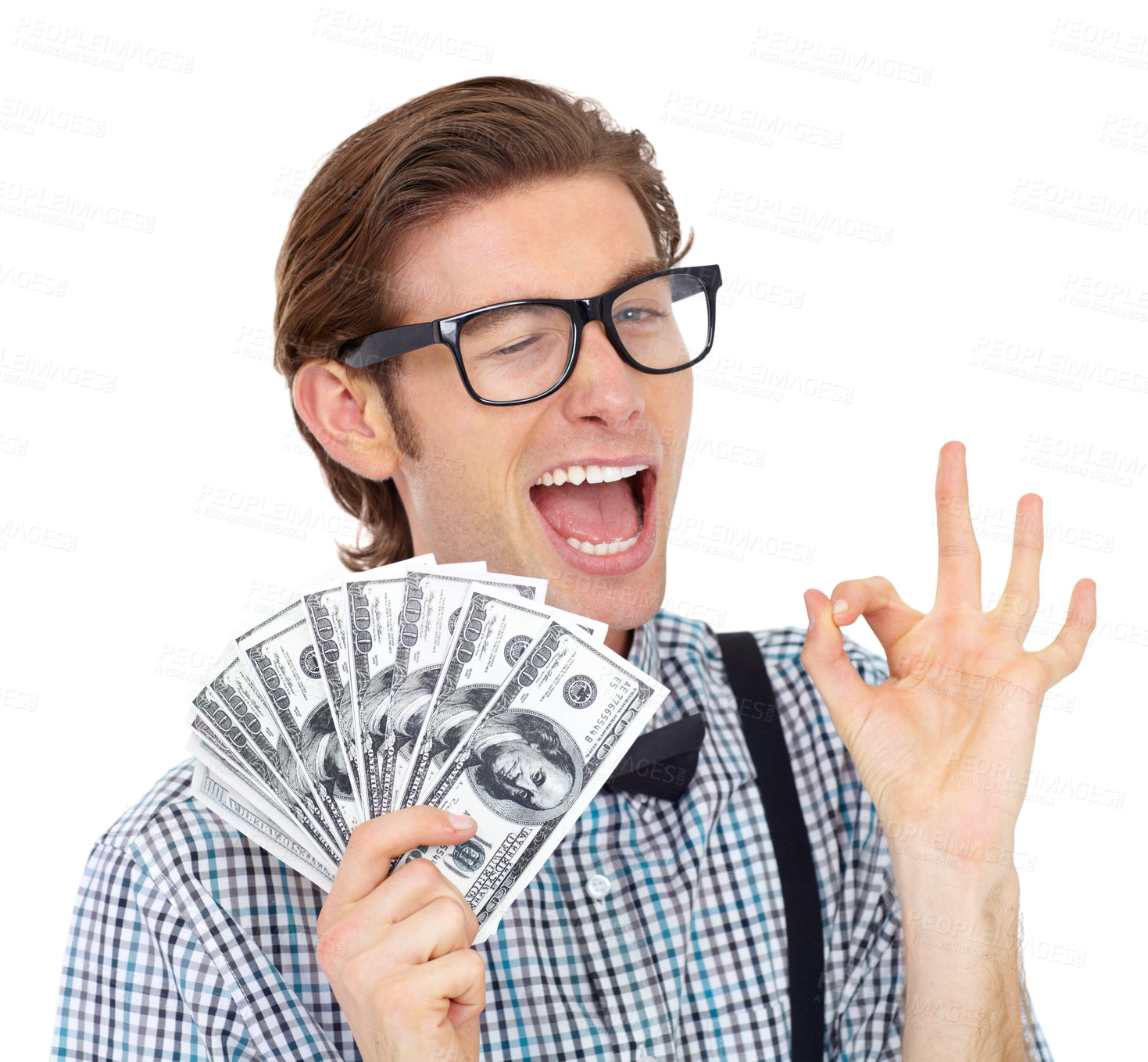 Buy stock photo Ok sign, wink and man with dollars or money in studio isolated on a white background. Winner, okay hand and person with cash after lottery, competition or bonus prize, cashback and financial freedom.