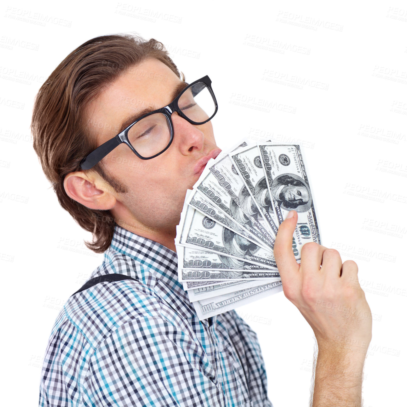 Buy stock photo Money, rich and man kiss dollars in studio isolated on white background. Winner, male person and kissing cash after winning lottery, competition or prize, cashback or bonus, financial freedom or deal