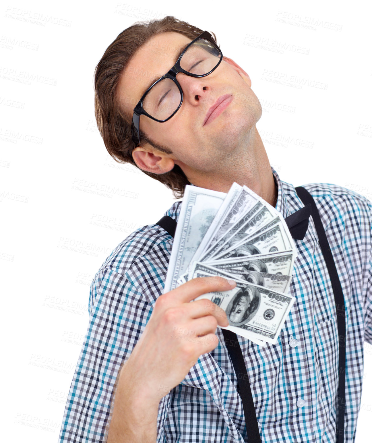 Buy stock photo Money fan, winner and man with dollars in studio isolated on a white background. Male person, cash and fanning after lottery win, competition and bonus or prize, cashback and financial freedom profit