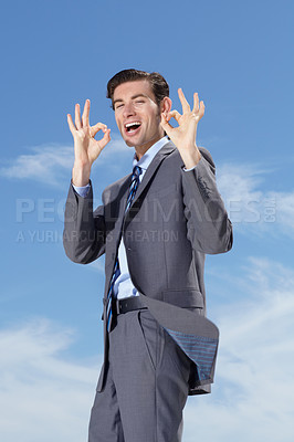 Buy stock photo Portrait, businessman and smile with okay sign with sky for decision, choice or option for career. Happy person, male consultant and gesture for yes, agree or success for suggestion of corporate job