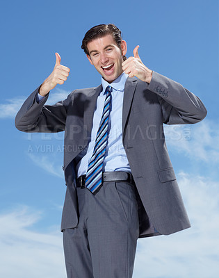 Buy stock photo Thumbs up, business man and portrait with blue sky and happiness from work promotion. Target goal, happy and face with success hand sign for businessman in thank you, yes and achievement agreement