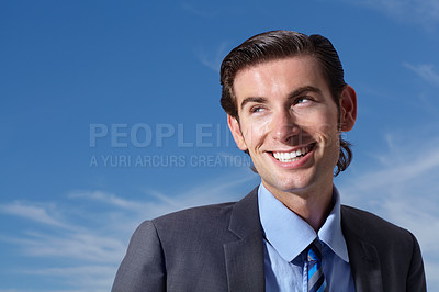 Buy stock photo Face, smile and vision with a business man on a blue sky background, thinking about the future. Corporate, idea and a happy young professional employee outdoor in a suit for company planning 