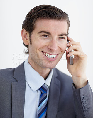 Buy stock photo Businessman, smile and phone call for communication in studio with mockup, white background and closeup. Male consultant, talking and mobile with excited expression by cellular, network or internet