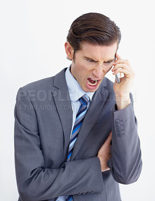 Buy stock photo Phone call, fail and business man angry, annoyed and screaming in studio on white background. Stress, anger and male person annoyed with phishing, delay and conversation with bad connection problem