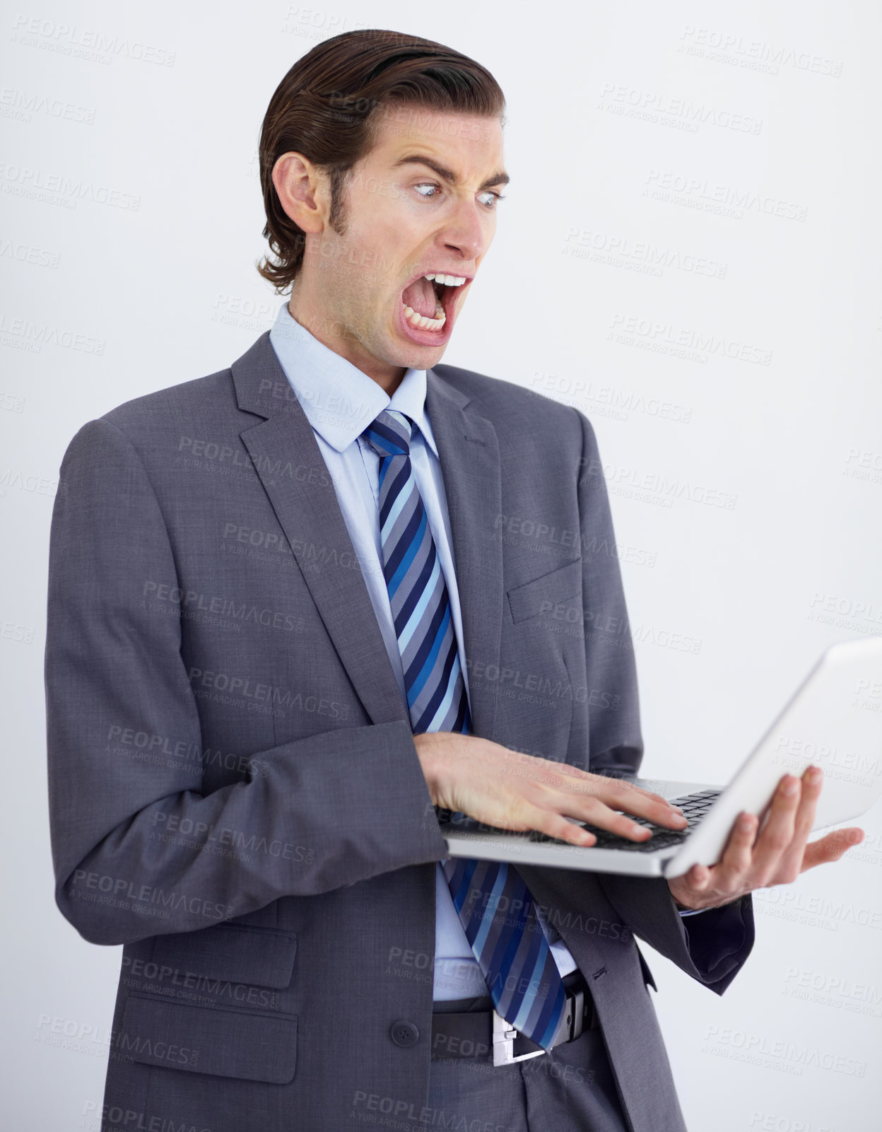 Buy stock photo Face, businessman and scream with laptop in studio for glitch mock up on white background. German person, consultant or corporate with technology for error, 404 or mistake on website, internet or app