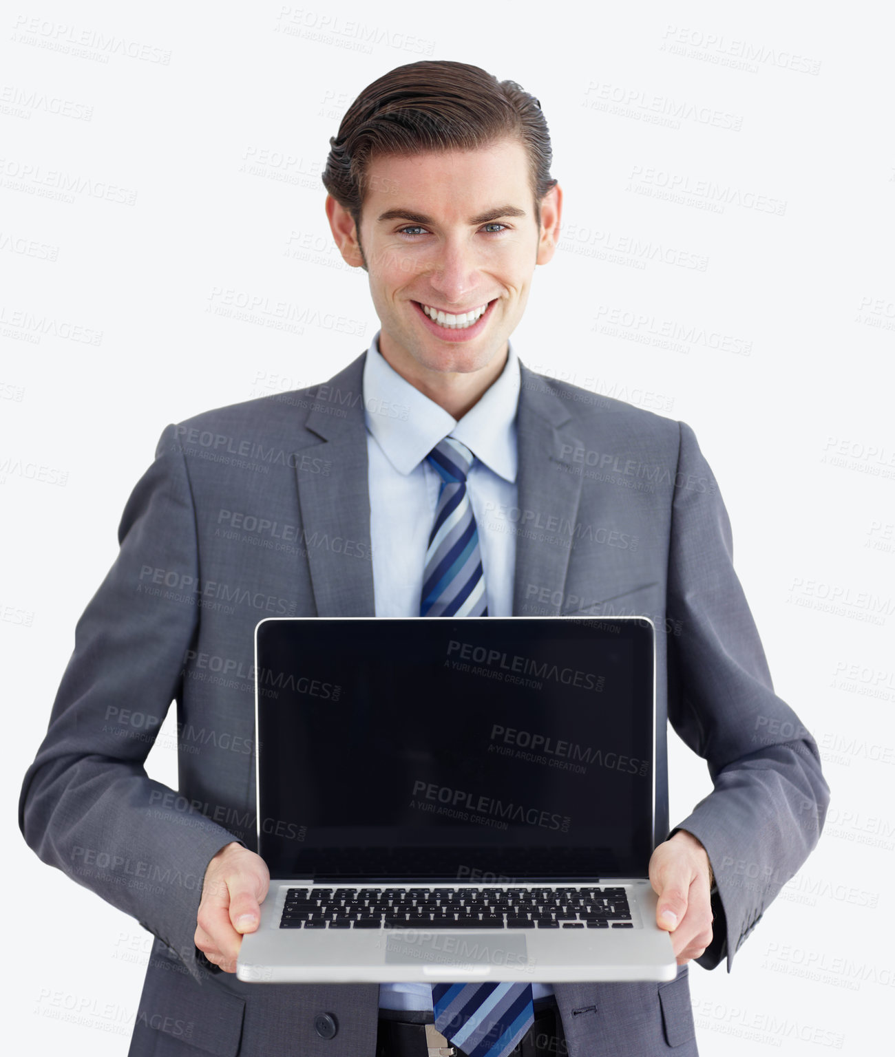 Buy stock photo Laptop, mockup and portrait of business man in studio for website, email and administration. Happy, smile and technology with male employee in white background for corporate, internet and networking