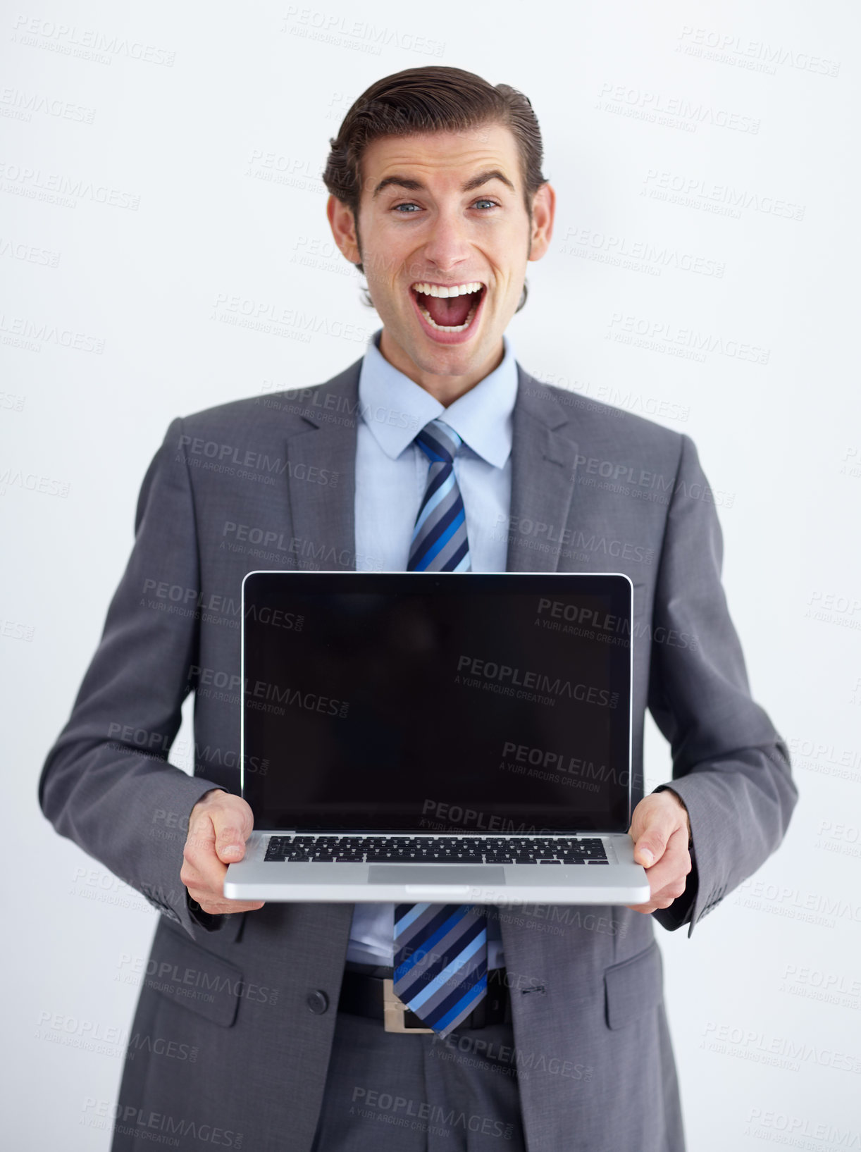 Buy stock photo Laptop, mockup and happy with portrait of man in studio for website, email and administration. Business, excited and technology with employee in white background for corporate, internet or networking
