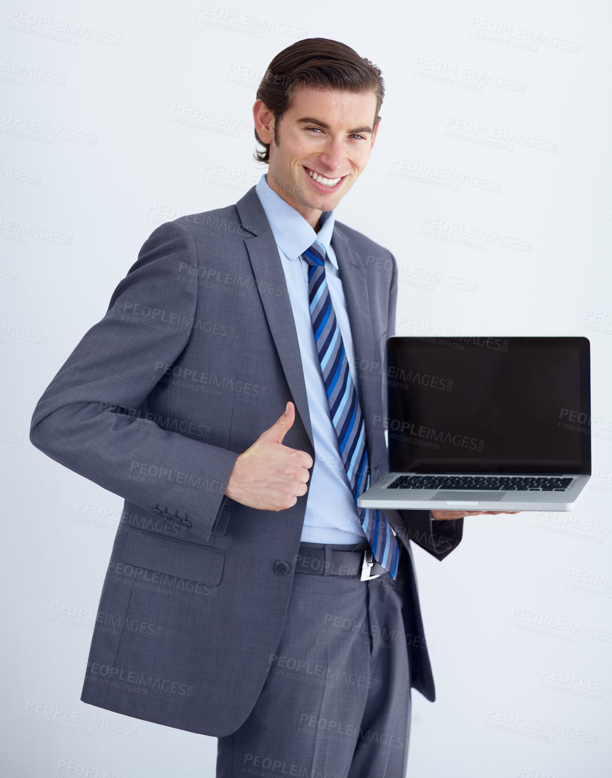 Buy stock photo Corporate man, laptop screen and thumbs up in portrait, like opinion and mockup space by white background. Businessman, funny entrepreneur and computer with good news, vote and promo for brand review