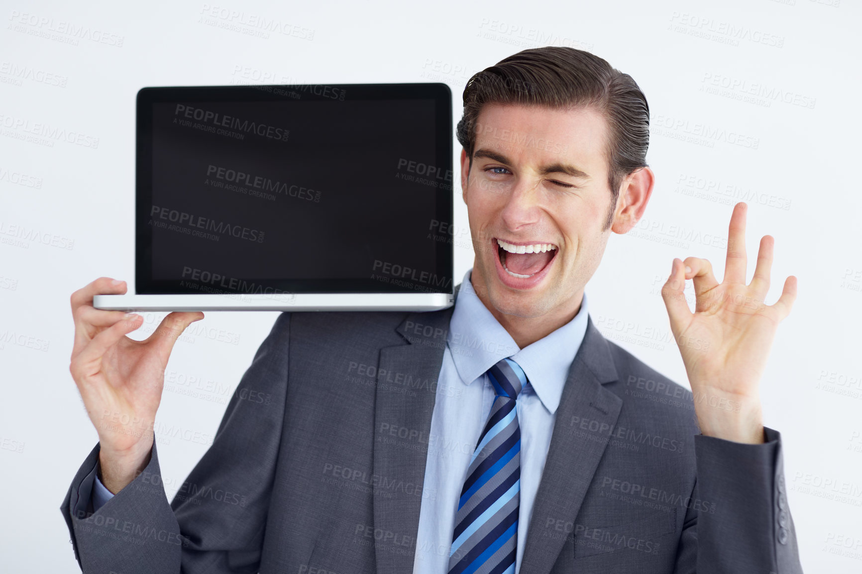 Buy stock photo Laptop, wink and perfect sign by man portrait with mockup or space for advertising on white background. 