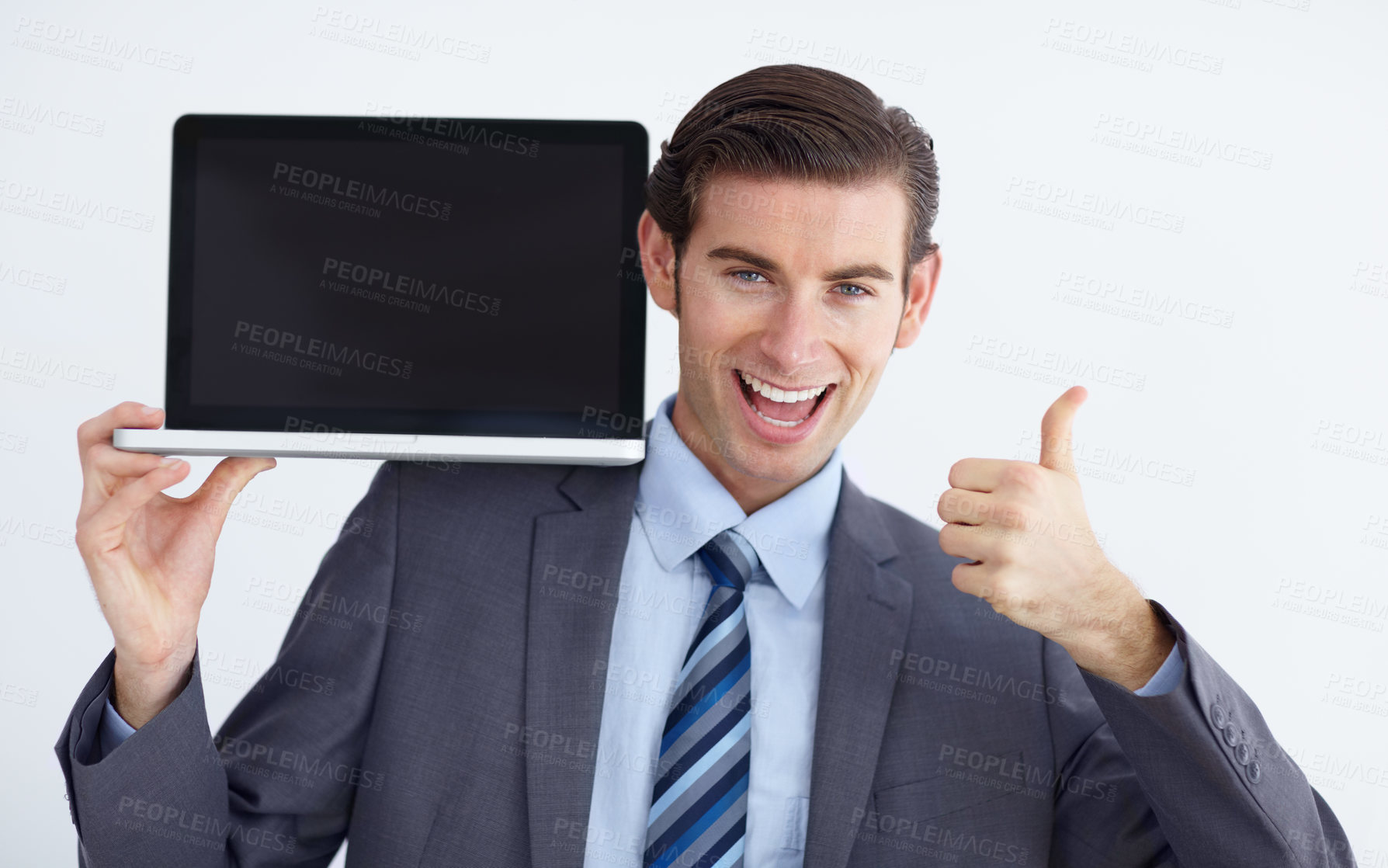Buy stock photo Business man, portrait and laptop screen with thumbs up for review, opinion and mockup space by white background. Businessman, entrepreneur and computer for news, vote or about us for brand in studio