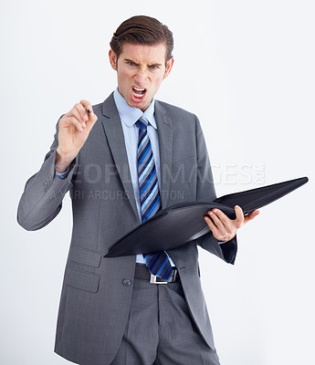 Buy stock photo Portrait, HR and angry man with documents pointing in studio for compliance, complaint or discipline on white background. Face, boss and businessman with paperwork for accountability in the workplace