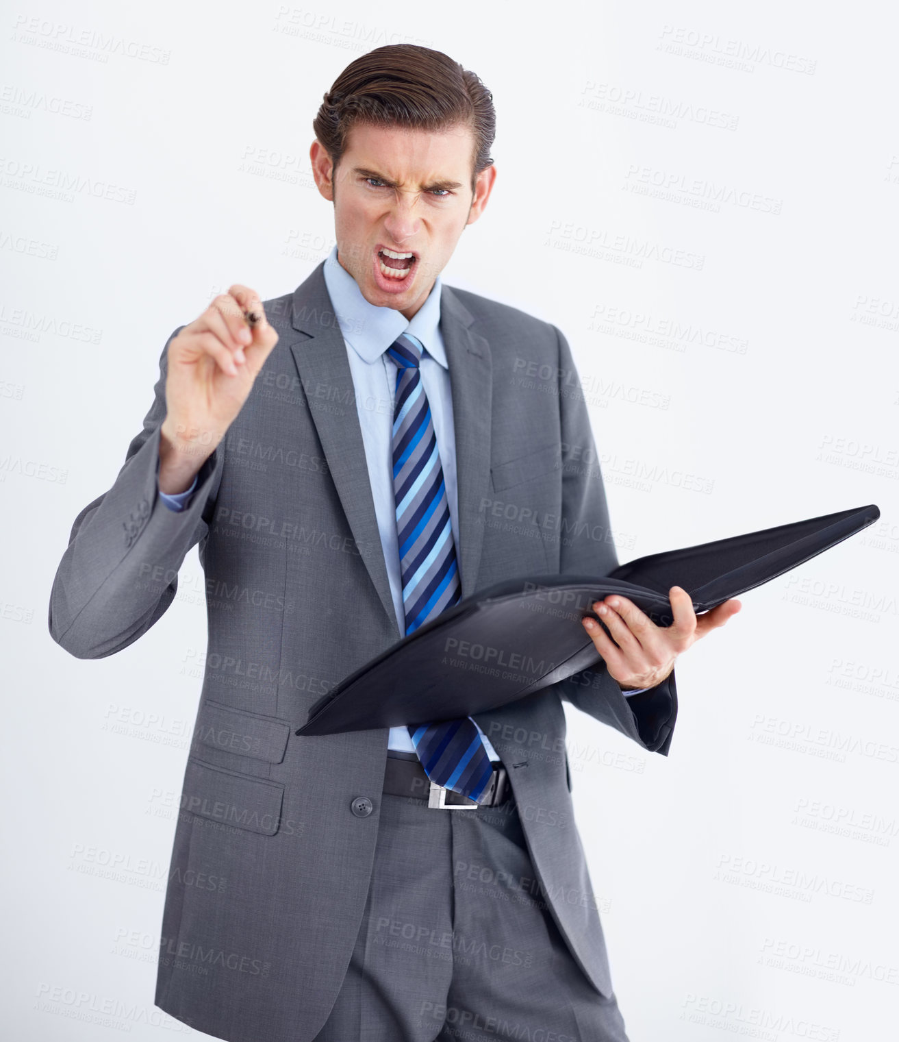 Buy stock photo Portrait, HR and angry man with documents pointing in studio for compliance, complaint or discipline on white background. Face, boss and businessman with paperwork for accountability in the workplace