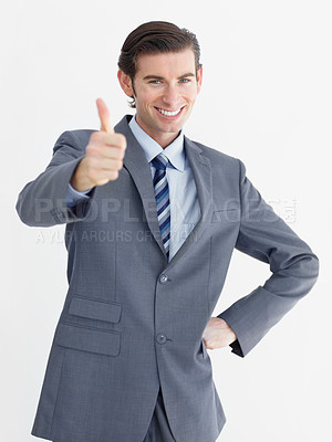 Buy stock photo Portrait, businessman and happy thumbs up in studio with mockup for decision on white background. Corporate, male person and smile in excitement with gesture for encouragement, choice and support