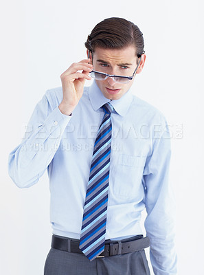 Buy stock photo Fashion, sunglasses and a young business man in studio isolated on a white background for his job or career. Corporate, eyewear and a confident employee in professional clothes for work style