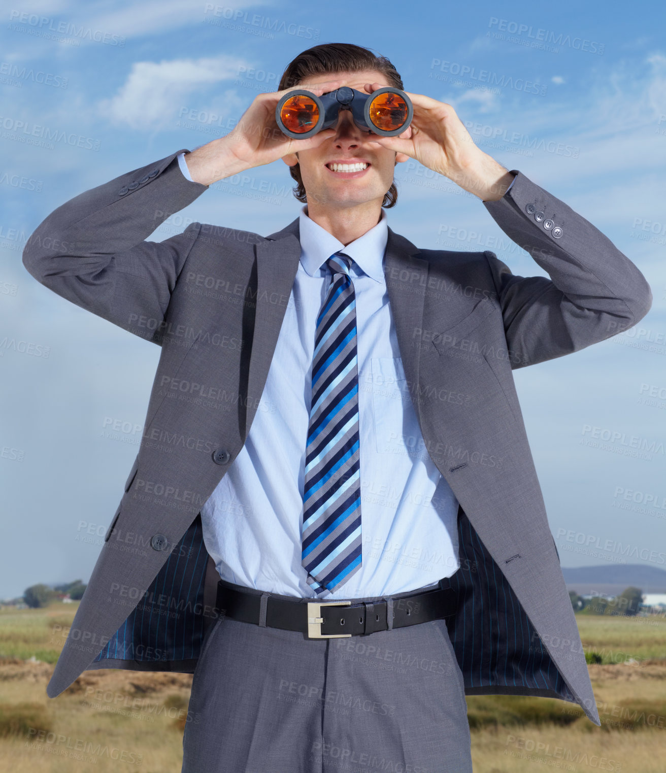 Buy stock photo Binoculars, opportunity and search for business man outdoor with happiness, smile and investigation. Future, searching or happy businessman in nature with investigate gear, vision and ready for work
