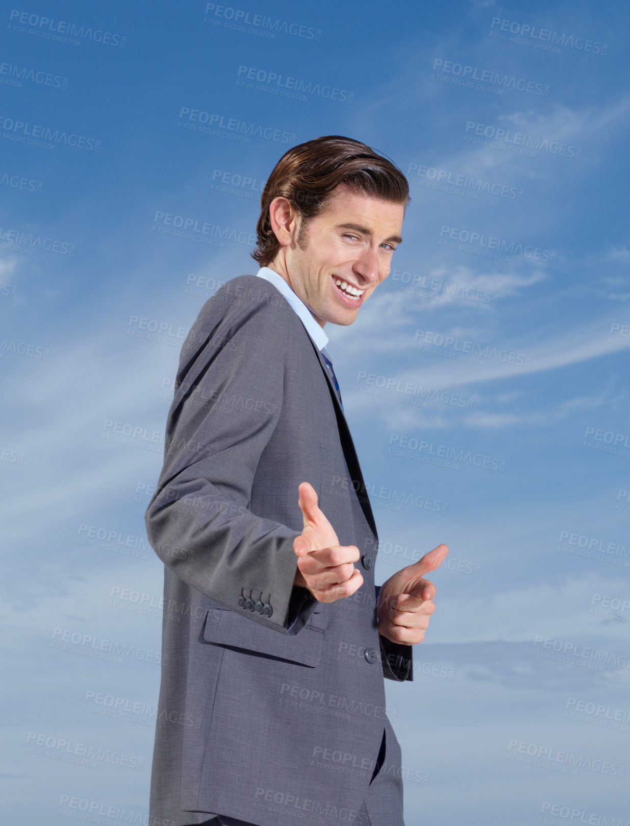 Buy stock photo Business, portrait and man with hand pointing at you for support outdoor on blue sky background. We are hiring, recruitment or recruiter face smile with travel agency promotion or finger emoji choice