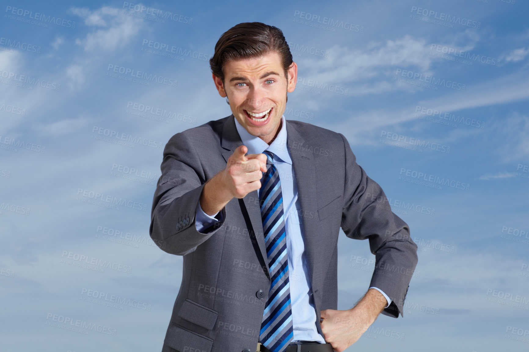 Buy stock photo Portrait, happy business man and pointing finger to you on cloudy blue sky for vote, winner and offer. Face of corporate employee, smile and gesture forward for hand direction, emoji and decision 