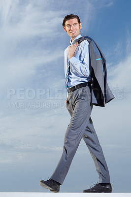 Buy stock photo Businessman, walk and smile in happiness with suit for ambition, vision or idea for future growth. Corporate, male manager and consultant with jacket over shoulder for cool, trendy and confident pose