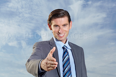 Buy stock photo Portrait, businessman and handshake for partnership, introduction or welcome for POV meeting. Corporate, person or smile with gesture in excited emoji for deal, offer or opportunity in startup on sky