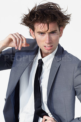 Buy stock photo Portrait, crazy hair and business man with worker and confused from stress and anxiety. Studio, male professional and working with corporate job and thinking with wild hairstyle and white background
