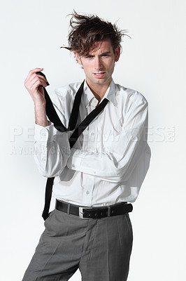 Buy stock photo Crazy hair and messy business man with doubt and confused from stress and anxiety. Studio, male professional and chaos working with corporate job and suit with wild hairstyle and white background