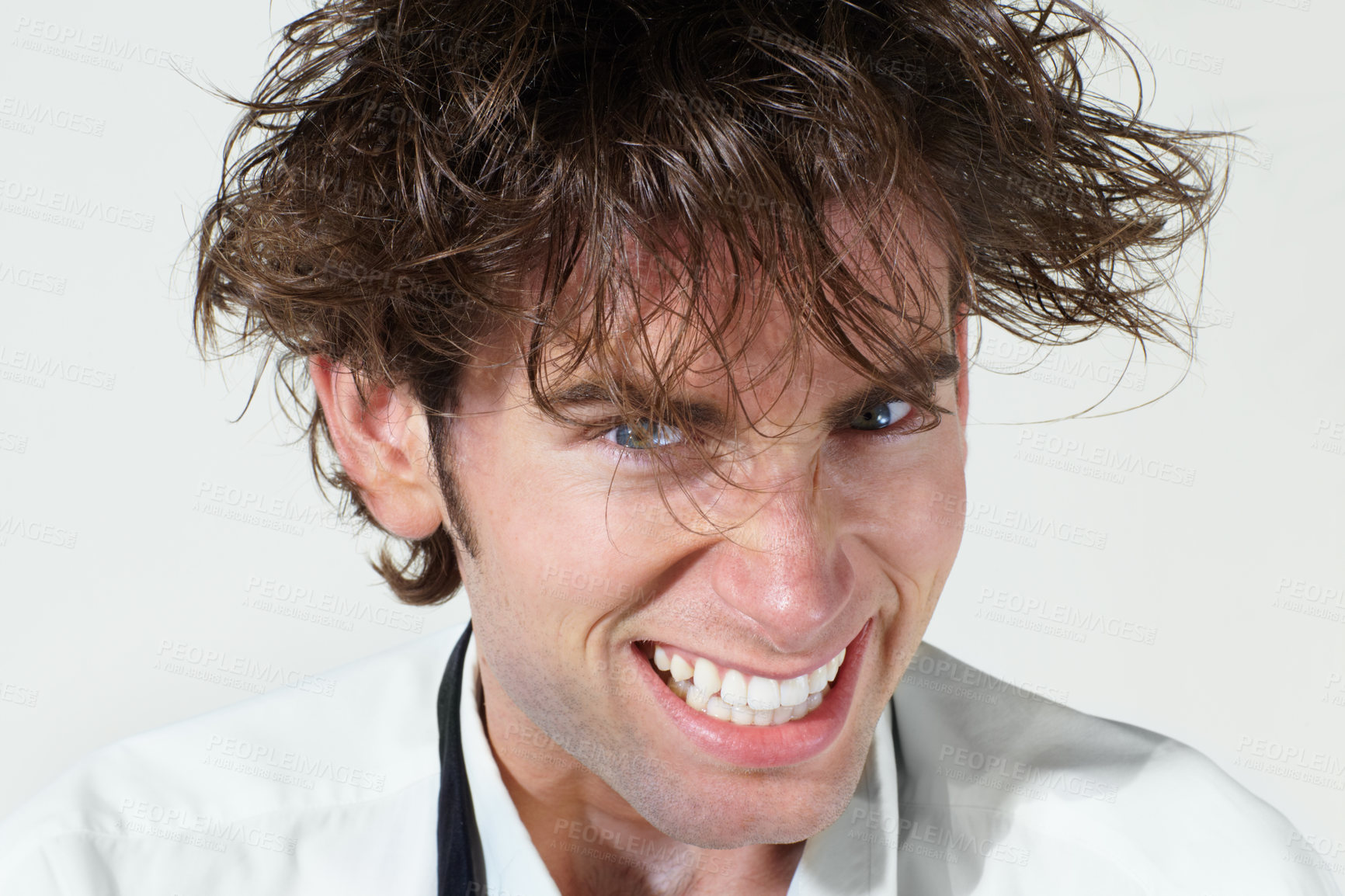 Buy stock photo Crazy, portrait and mad scientist man on white background with stress, mistake and insane hair. Mental health, psychosis and face of funny male person for chemistry, experiment and failed research