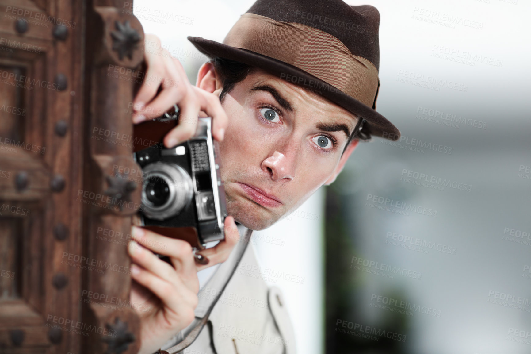 Buy stock photo Retro photographer man, street and camera on investigation, inspection or suspicious journalist job in city. Private investigator, secret spy or vintage paparazzi with surprise for surveillance intel