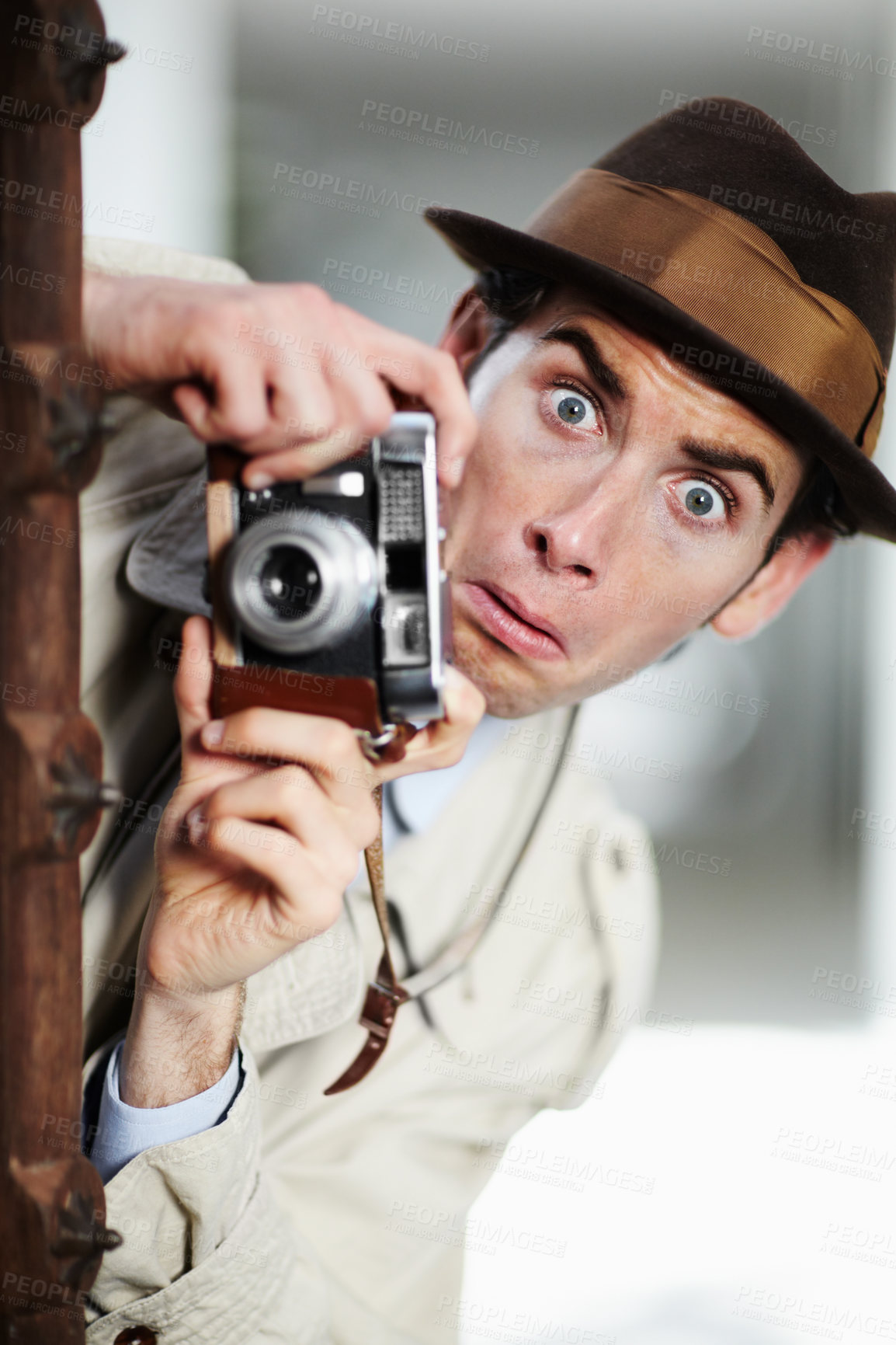 Buy stock photo Retro agent man, street and camera for investigation, inspection and spy job in city with surprise face. Private investigator, secret photographer and vintage paparazzi in metro for surveillance