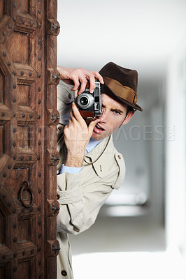 Buy stock photo Vintage spy man, street and camera for investigation, inspection and suspicious journalist job in city. Private investigator, secret photographer and retro paparazzi in metro for surveillance intel