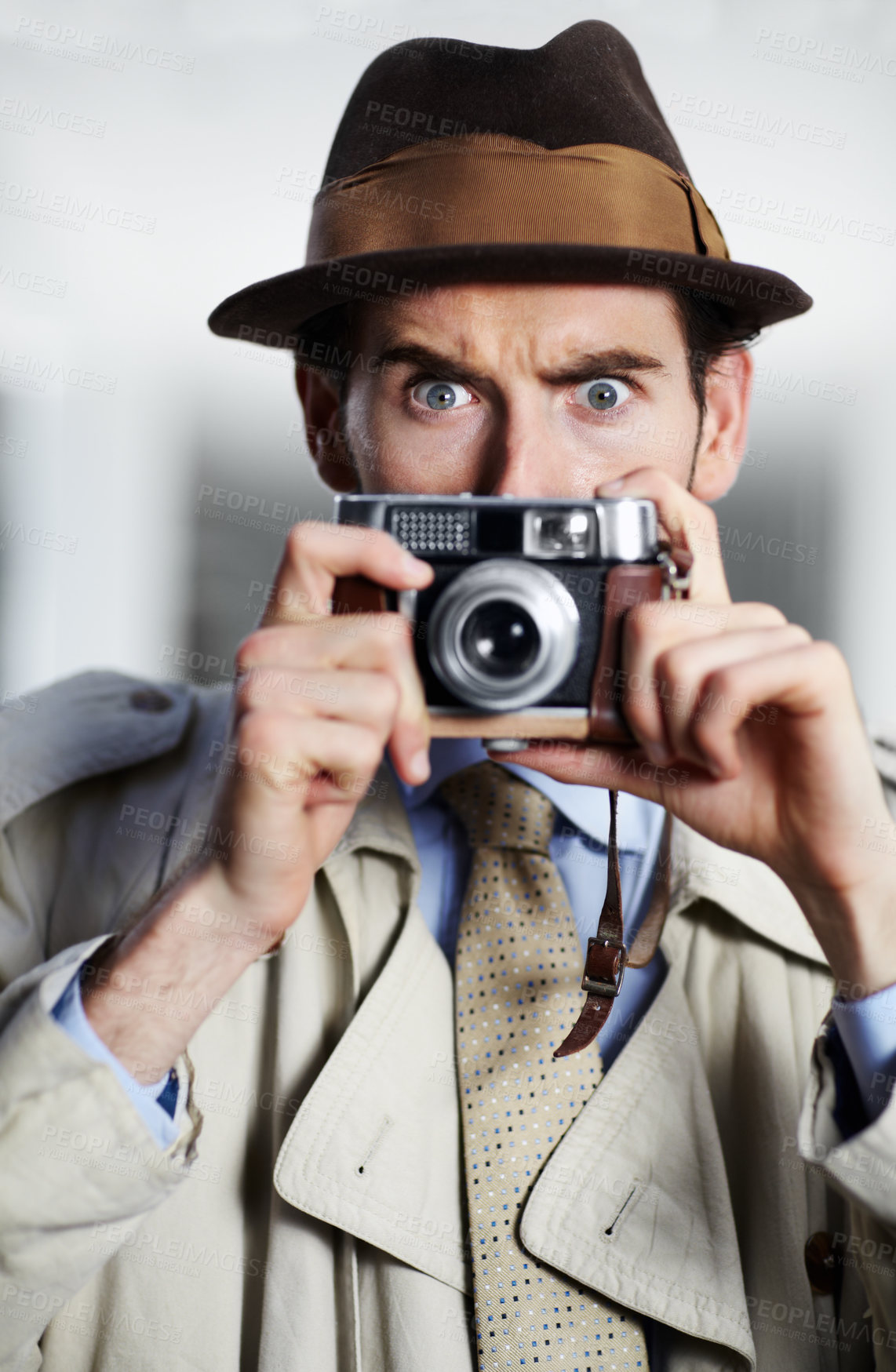 Buy stock photo Vintage agent man, street and camera for investigation, inspection or suspicious journalist at job. Private investigator, secret photographer and retro paparazzi with focus, surveillance or portrait