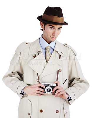 Buy stock photo Reporter holding a retro camera against a white background