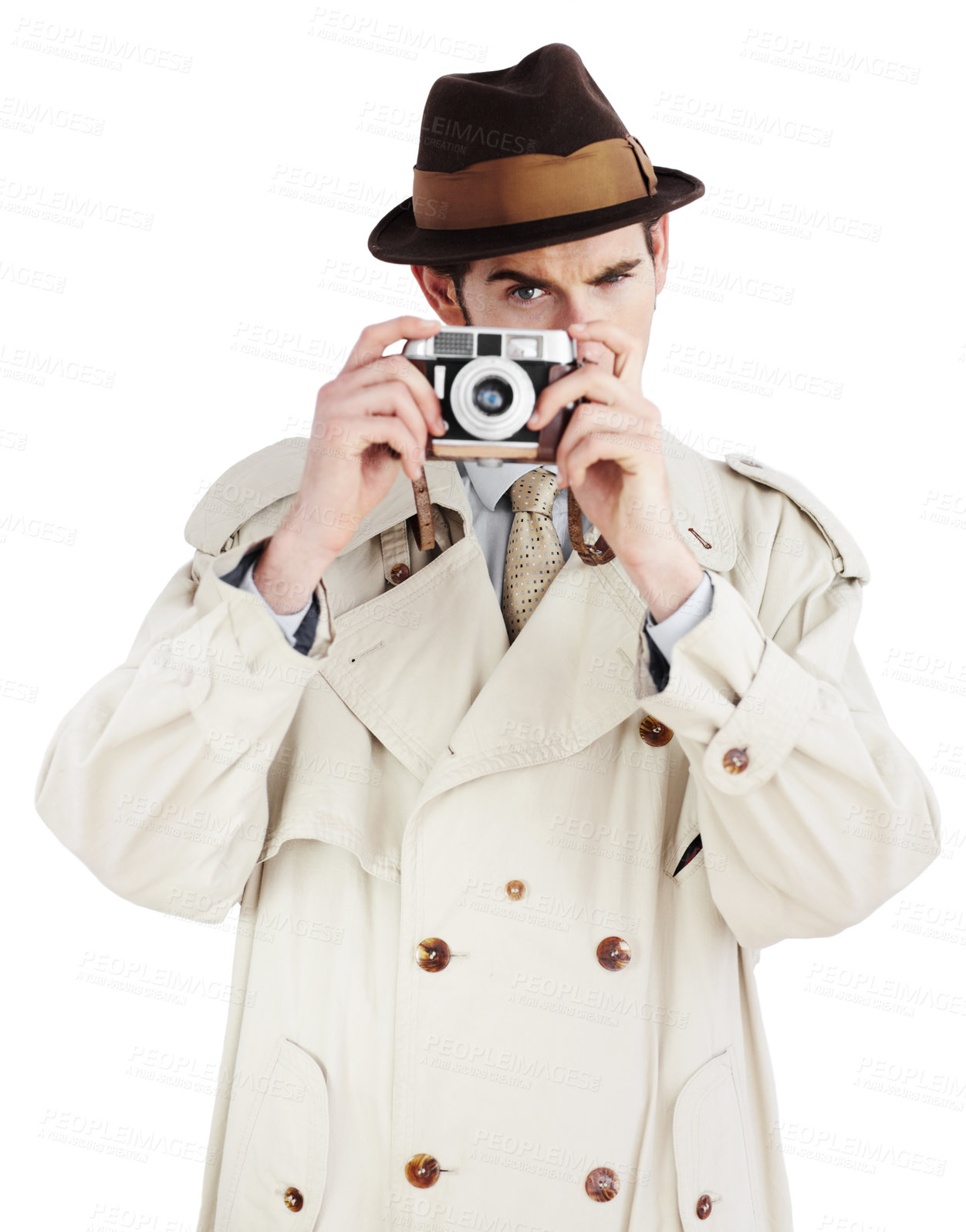 Buy stock photo Detective, photographer and spy with portrait of man in studio for surveillance, reporter or investigation. Retro, press and secret with agent on white background for vintage, paparazzi or journalist