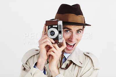 Buy stock photo Camera, photographer and surprise with portrait of man for surveillance, reporter and investigation. Retro, press and wow with agent on white background for vintage, paparazzi and journalist