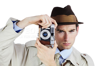 Buy stock photo Detective, camera and spy with portrait of man in studio for surveillance, reporter or investigation. Photography, press and secret with agent on white background for vintage, paparazzi or journalist